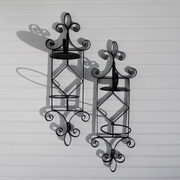 Black Wrought Iron Scroll Metal Wall Sconce Pair Pillar Candle Holders Sconces - Picture 9 of 11